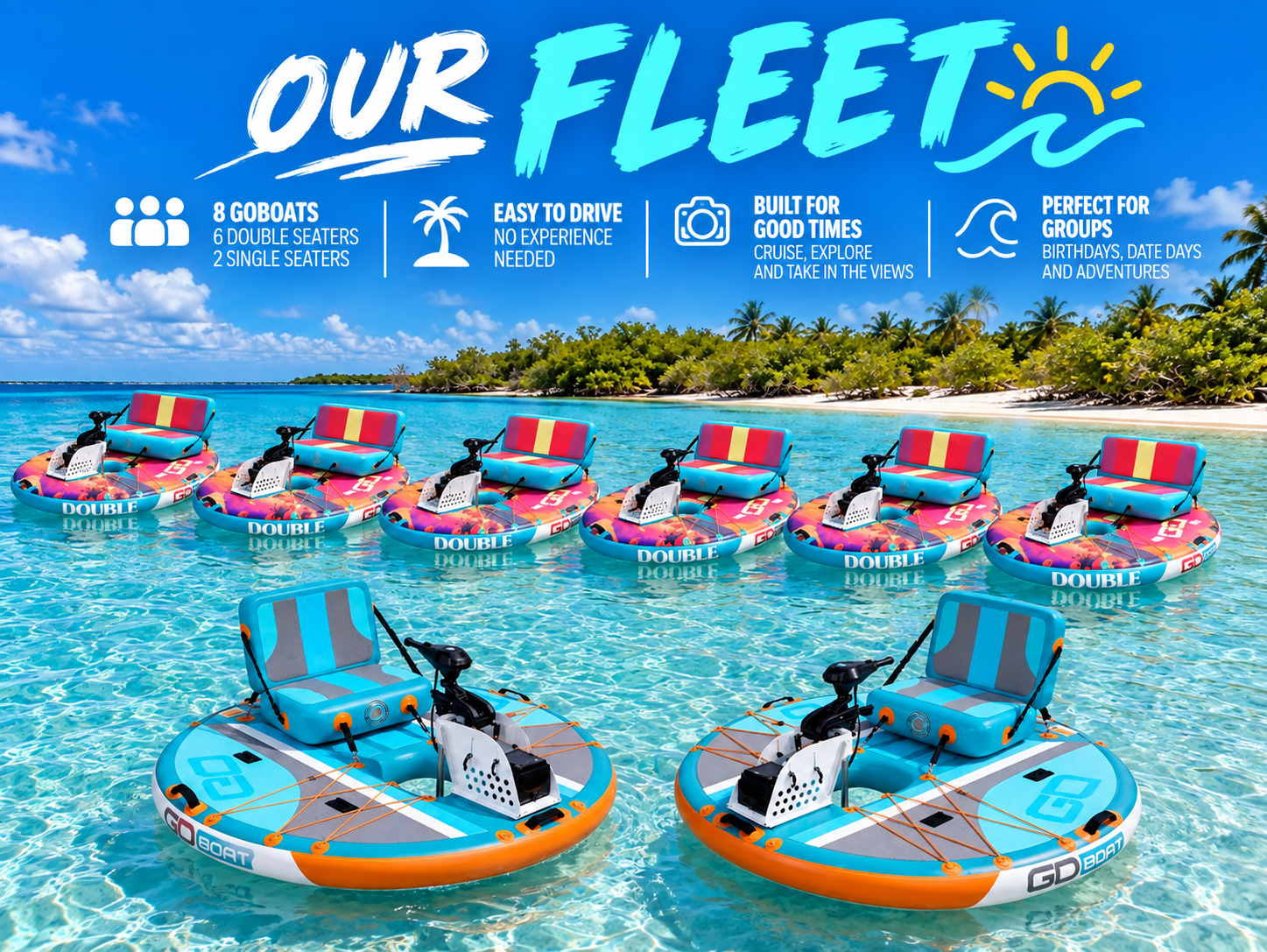 Our fleet: eight colorful GoBoats, six doubles and two singles, floating in clear turquoise water with the headline Our Fleet.