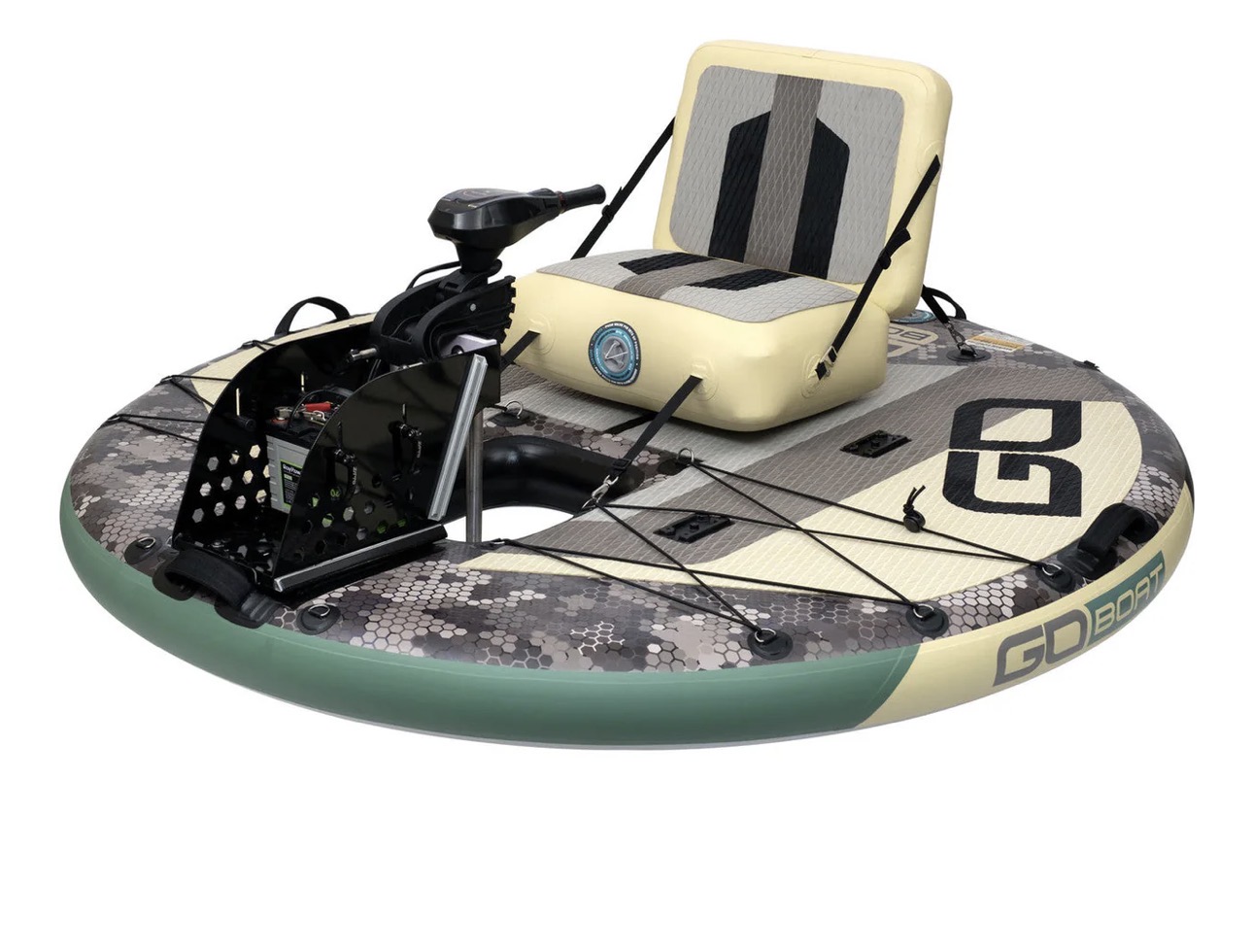 Fish Single GoBoat in a sand and camo colorway with a single captain's seat, trolling motor and gear basket
