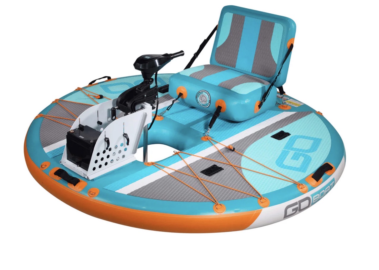 Aqua and orange single GoBoat with one captain's seat and electric motor