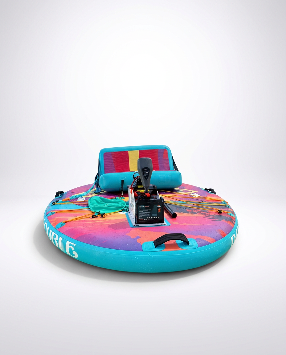 Double Sunset — a colorful double GoBoat with a bright sunset-patterned deck, aqua rail, twin padded seats, and an electric trolling motor