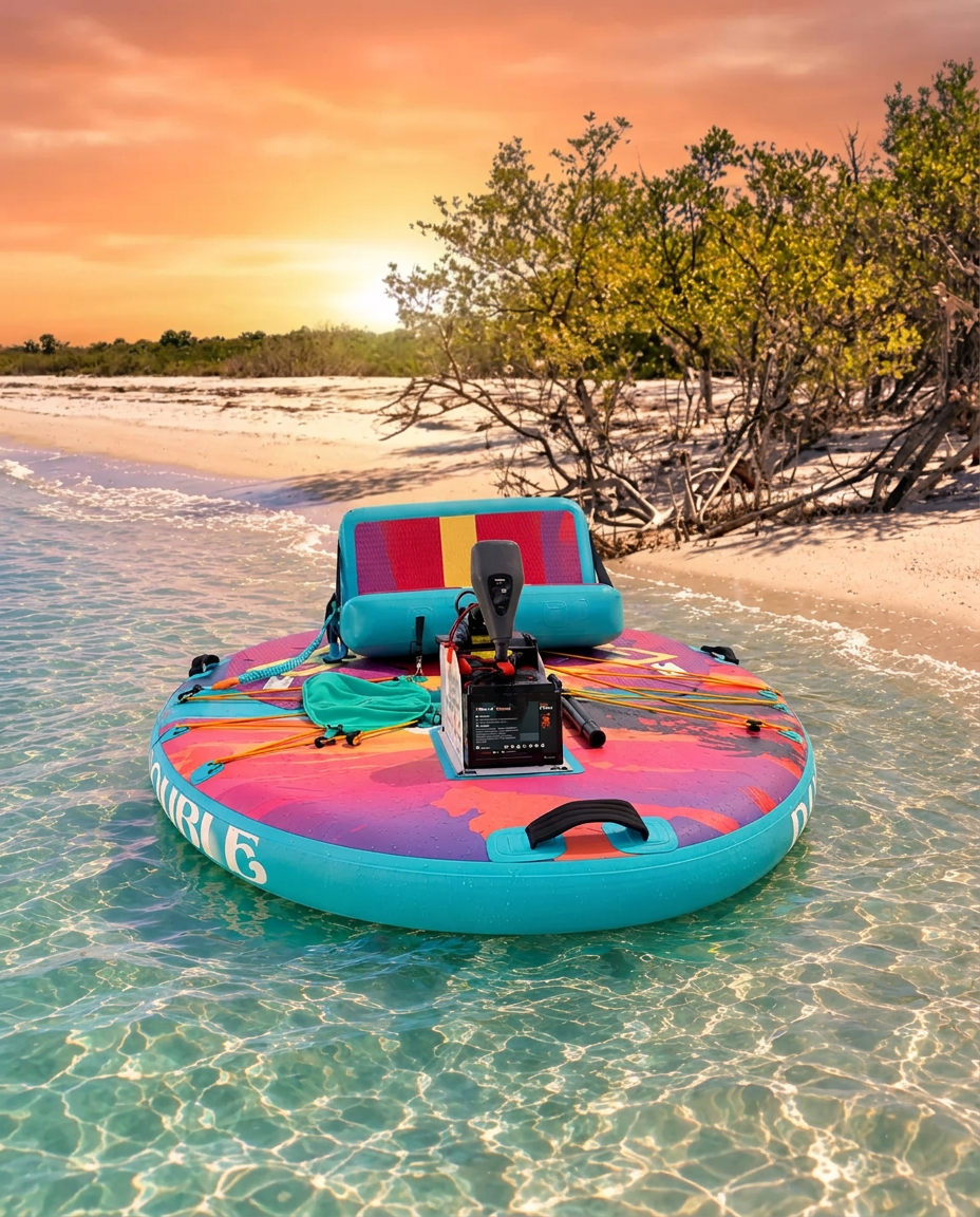 Double Sunset GoBoat in shallow water under a golden coral sunset sky
