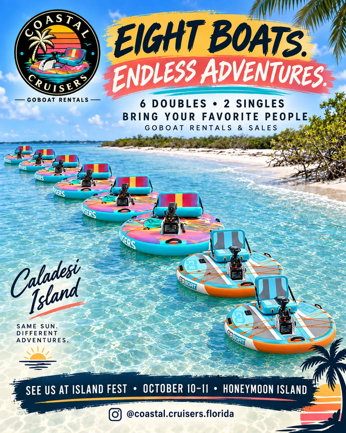 The Coastal Cruisers fleet of eight GoBoats lined up in shallow turquoise water off Caladesi Island