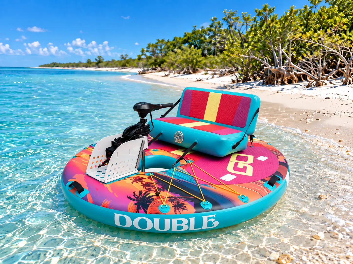 A colorful Double GoBoat floating in crystal-clear turquoise shallows off a white sand beach