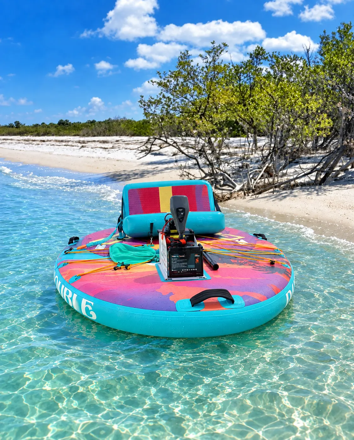Double Sunset GoBoat floating in clear turquoise shallows beside a white sand island beach