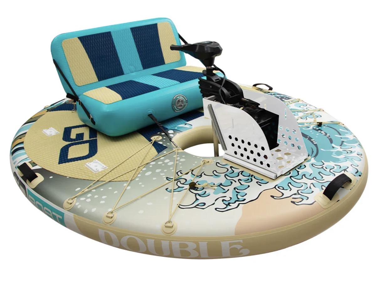 Double Wave GoBoat with a wave-print deck, aqua bench seat and electric motor