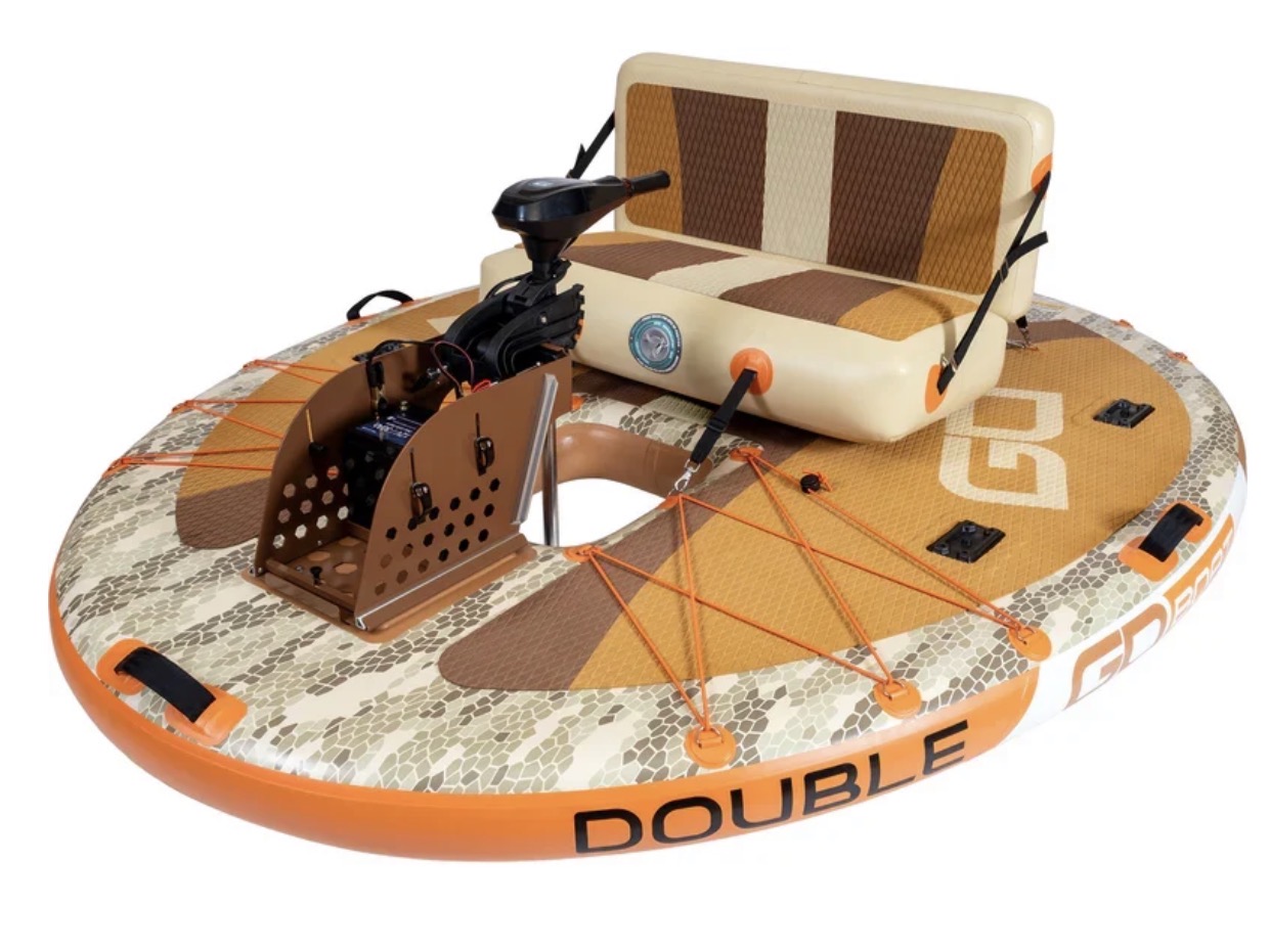 Double Fish GoBoat in a sand and camo colorway with orange accents, two-person seat and trolling-motor fishing mount