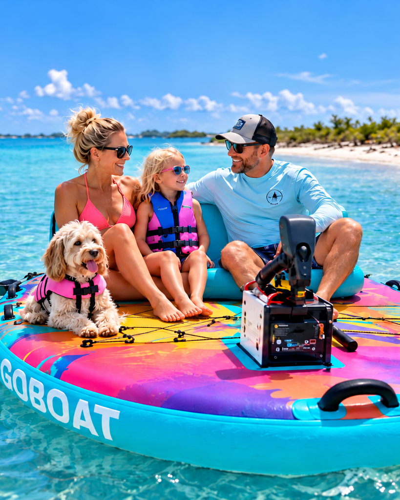 A family — mom, dad, their daughter in a life jacket, and their doodle dog — relaxing together on a colorful round GoBoat in clear turquoise water beside a sunny beach