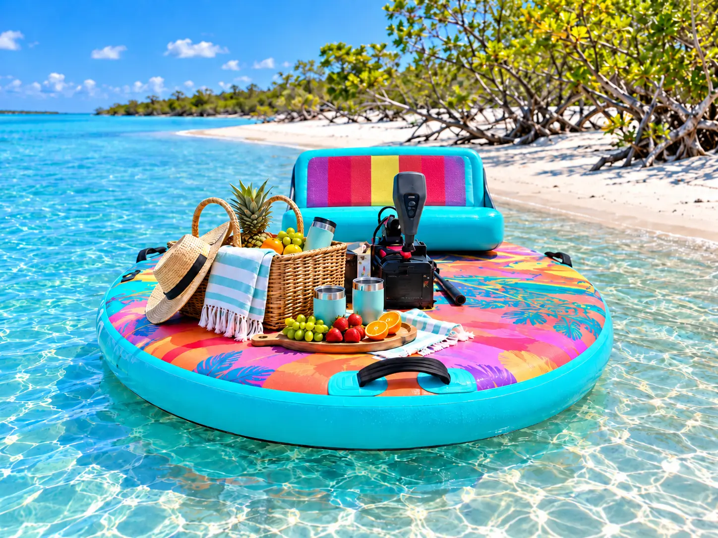A colorful round Double GoBoat with a picnic basket and fresh fruit on deck, floating in clear shallow water beside a white-sand beach