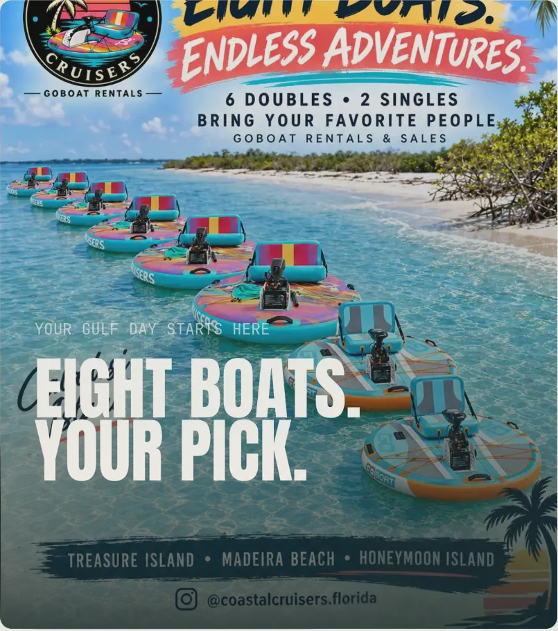 Eight colorful Coastal Cruisers GoBoats lined up in clear island water with the headline Eight Boats. Your Pick.